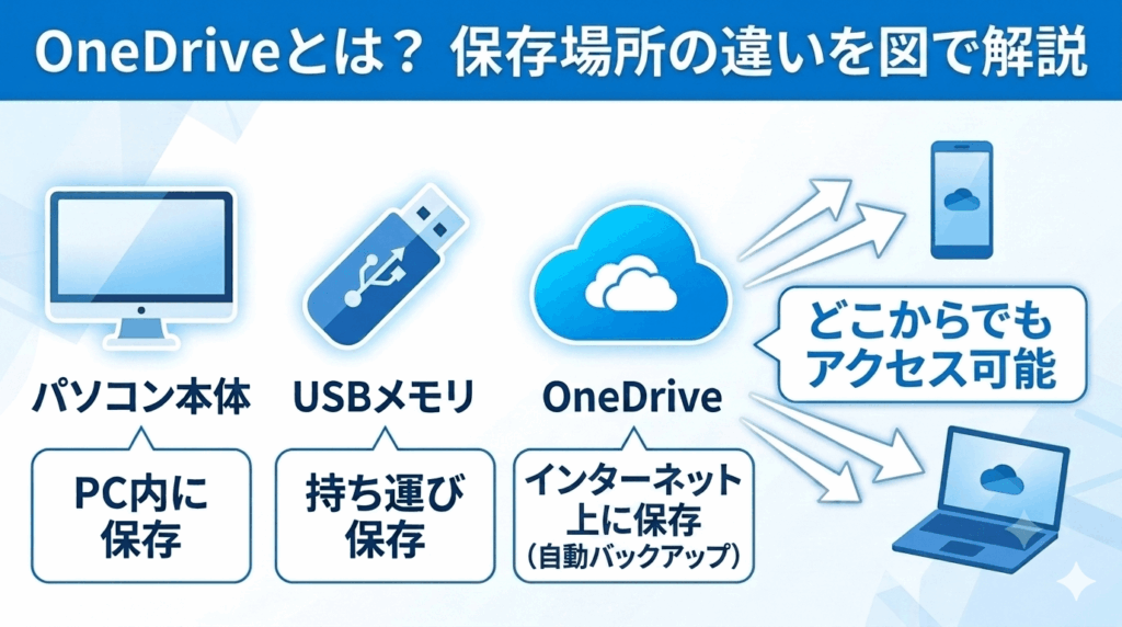 OneDriveとパソコン本体・USBメモリの保存方法の違いを比較した図解